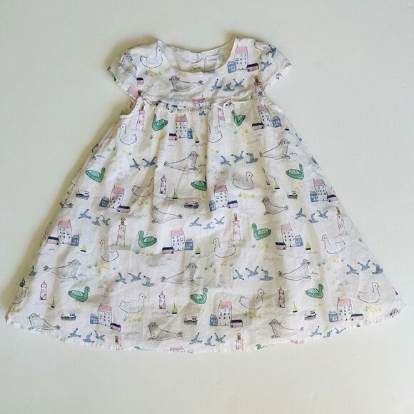 John Lewis Dress Seaside Summer Scene Lighthouse White Size 2T 3T 2-3 Years - Picture 1 of 7
